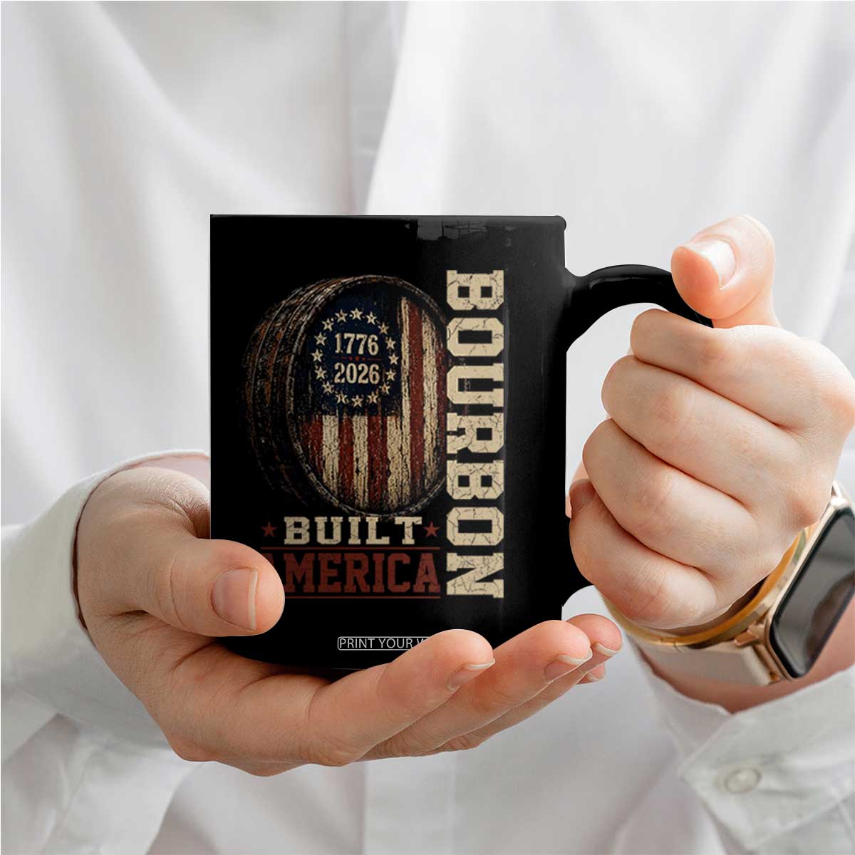 Bourbon Built America Vintage Distressed Graphic Coffee Mug American Flag Whiskey Barrel 1776 to 2026 Semiquincentennial Patriotic TS02 Print Your Wear