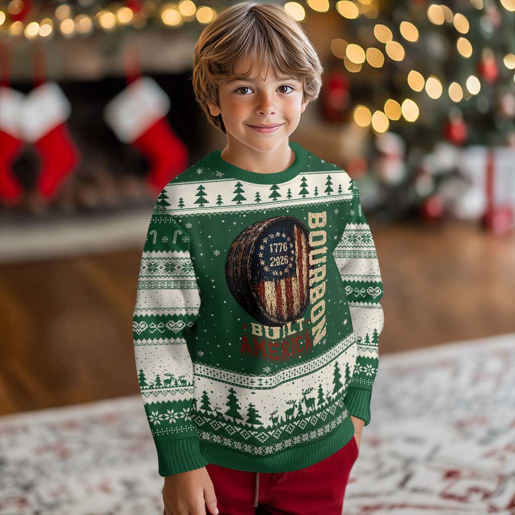 Bourbon Built America Vintage Distressed Graphic Ugly Christmas Sweater American Flag Whiskey Barrel 1776 to 2026 Semiquincentennial Patriotic TS02 Forest Green Beige Print Your Wear