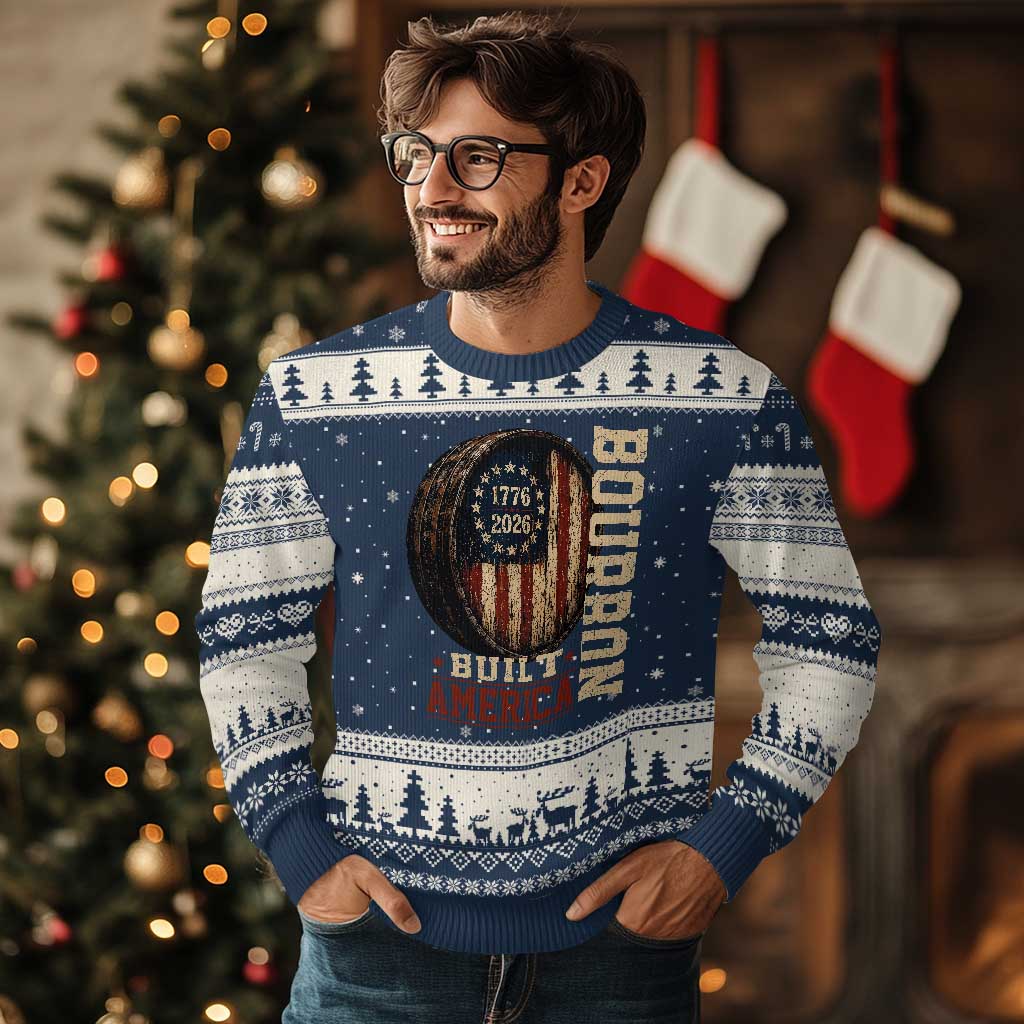Bourbon Built America Vintage Distressed Graphic Ugly Christmas Sweater American Flag Whiskey Barrel 1776 to 2026 Semiquincentennial Patriotic TS02 Navy Beige Print Your Wear