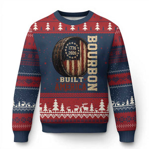 Bourbon Built America Vintage Distressed Graphic Ugly Christmas Sweater American Flag Whiskey Barrel 1776 to 2026 Semiquincentennial Patriotic TS02 Navy Red Print Your Wear