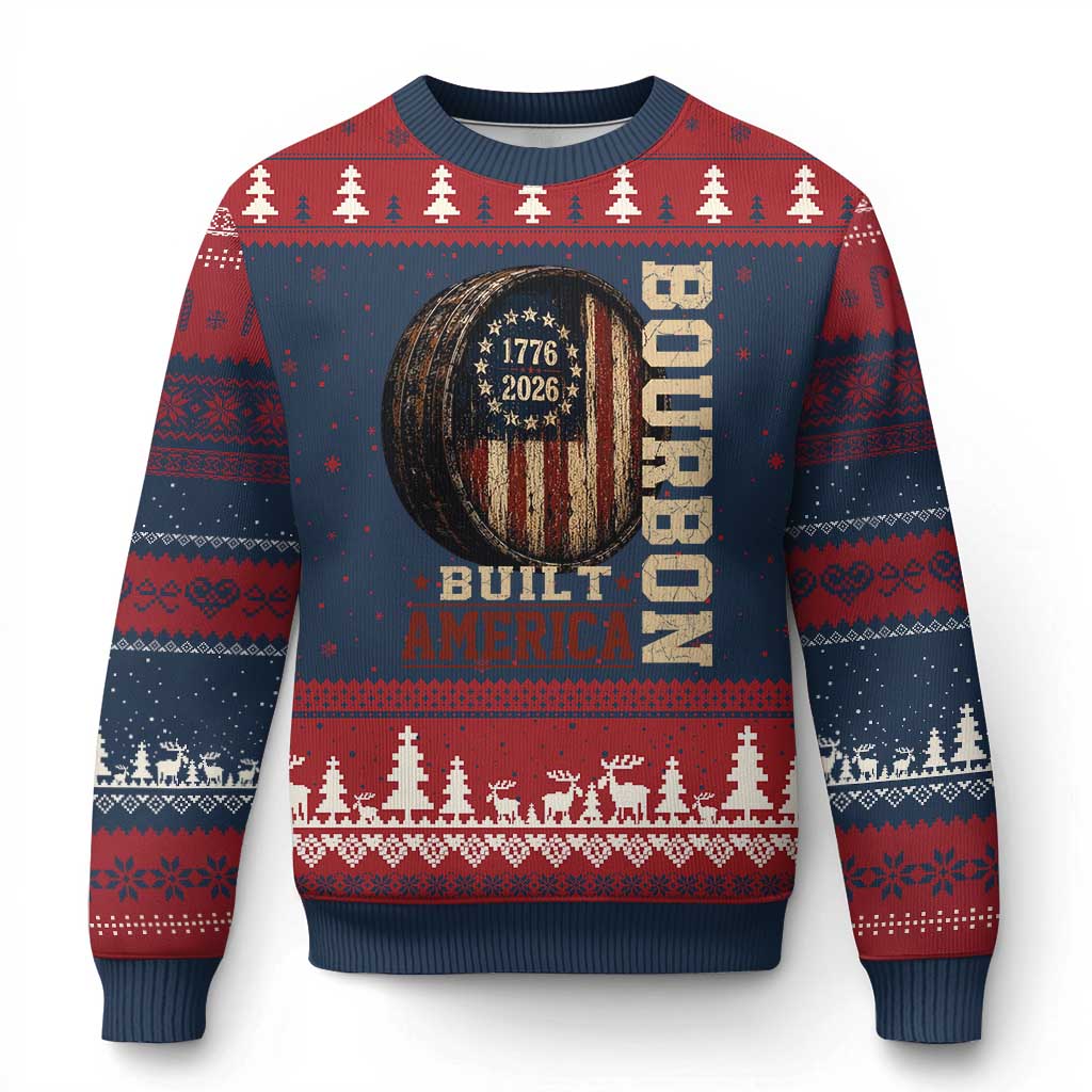 Bourbon Built America Vintage Distressed Graphic Ugly Christmas Sweater American Flag Whiskey Barrel 1776 to 2026 Semiquincentennial Patriotic TS02 Navy Red Print Your Wear