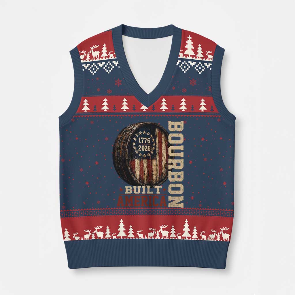Bourbon Built America Vintage Distressed Graphic V-Neck Knit Sweater Vest American Flag Whiskey Barrel 1776 to 2026 Semiquincentennial Patriotic TS02 Navy Red Print Your Wear