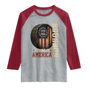Bourbon Built America Vintage Distressed Graphic Raglan Shirt American Flag Whiskey Barrel 1776 to 2026 Semiquincentennial Patriotic TS02 Heather Gray Heather Red Print Your Wear