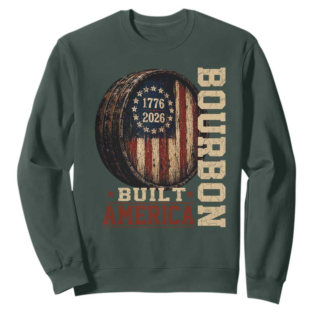 Bourbon Built America Vintage Distressed Graphic Sweatshirt American Flag Whiskey Barrel 1776 to 2026 Semiquincentennial Patriotic