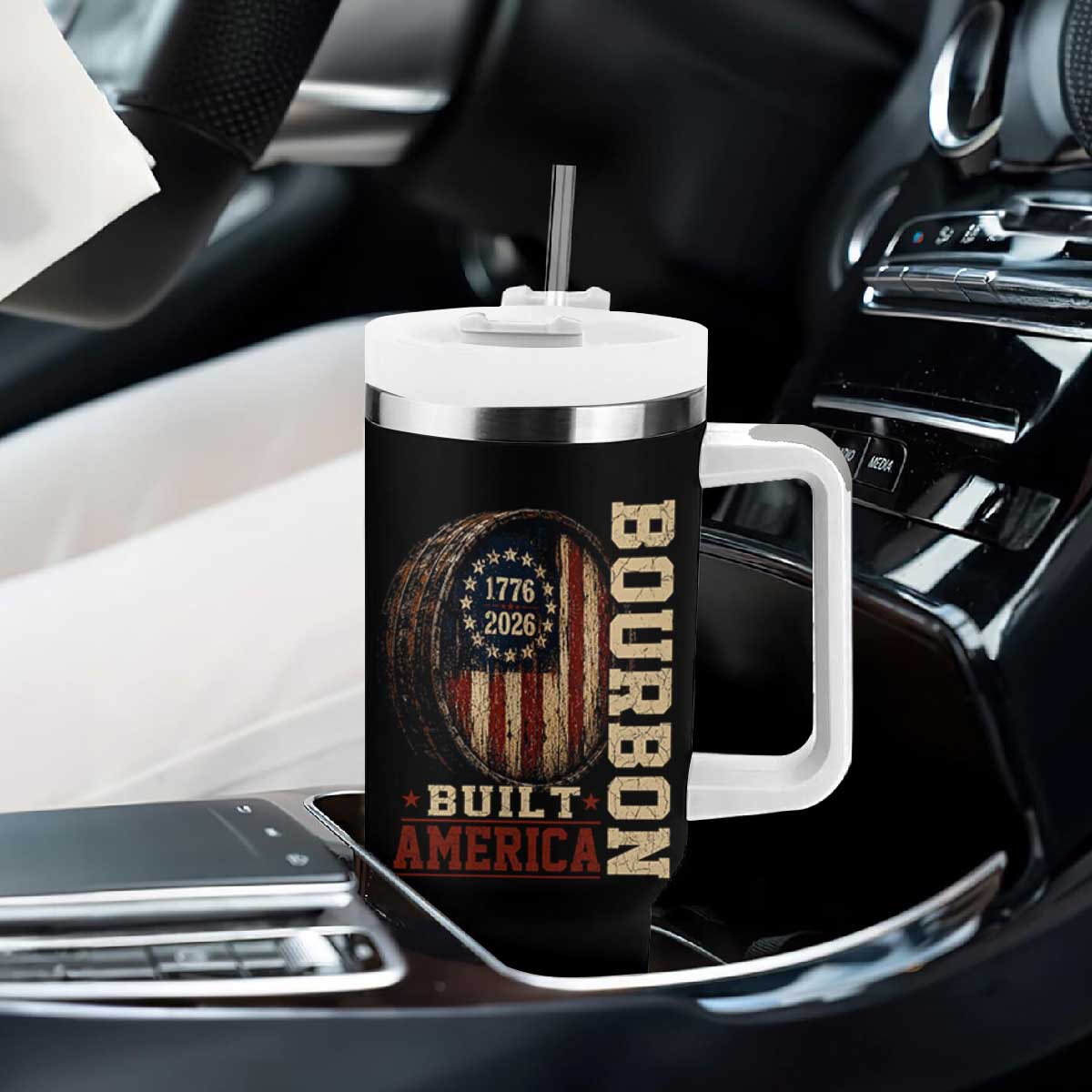 Bourbon Built America Vintage Distressed Graphic Tumbler With Handle American Flag Whiskey Barrel 1776 to 2026 Semiquincentennial Patriotic TS02 Print Your Wear