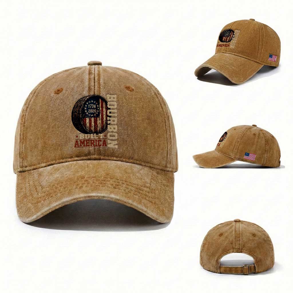 Bourbon Built America Vintage Distressed Graphic Washed Cotton Baseball Cap American Flag Whiskey Barrel 1776 to 2026 Semiquincentennial Patriotic TS02 Washed Cap Universal Fit Yellow Ochre Print Your Wear