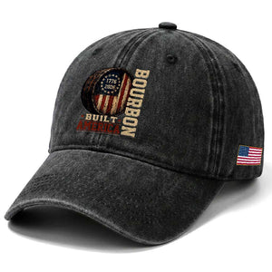 Bourbon Built America Vintage Distressed Graphic Washed Cotton Baseball Cap American Flag Whiskey Barrel 1776 to 2026 Semiquincentennial Patriotic TS02 Print Your Wear
