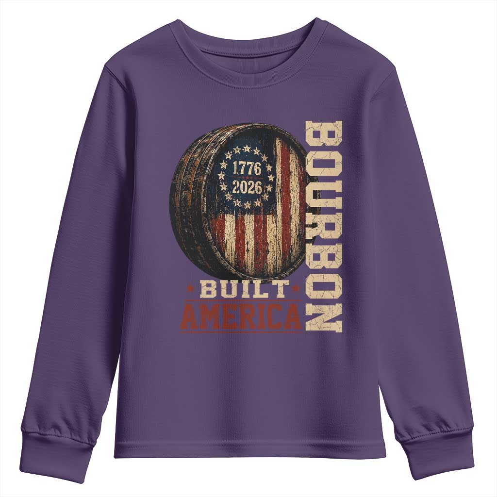 Bourbon Built America Vintage Distressed Graphic Youth Sweatshirt American Flag Whiskey Barrel 1776 to 2026 Semiquincentennial Patriotic TS02 Purple Print Your Wear