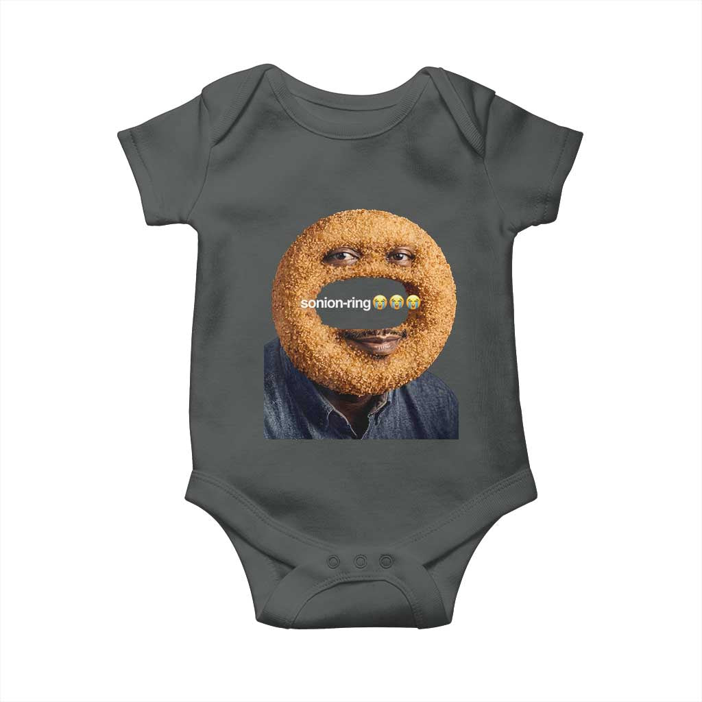 Funny Sonion Ring Cursed Meme Graphic Baby Onesie Surreal Deep Fried Onion Ring Joke TS02 Dark Heather Print Your Wear