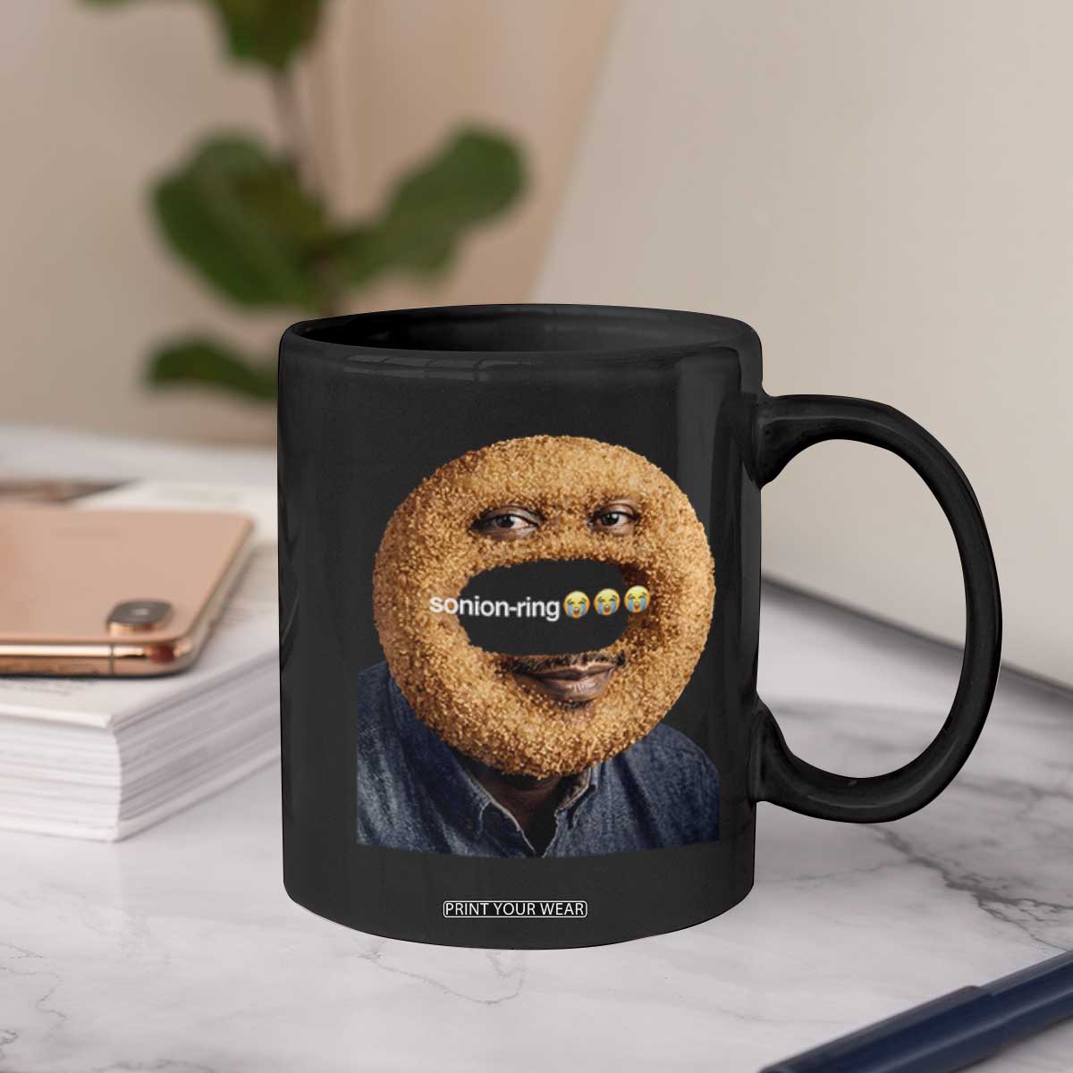 Funny Sonion Ring Cursed Meme Graphic Coffee Mug Surreal Deep Fried Onion Ring Joke