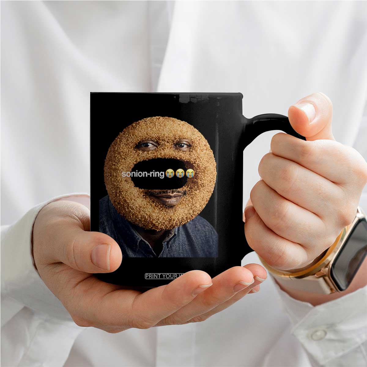 Funny Sonion Ring Cursed Meme Graphic Coffee Mug Surreal Deep Fried Onion Ring Joke