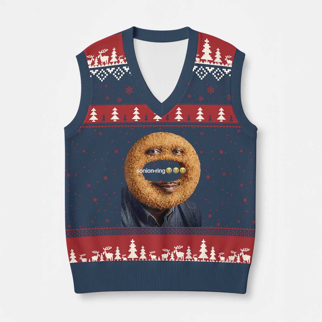 Funny Sonion Ring Cursed Meme Graphic V-Neck Knit Sweater Vest Surreal Deep Fried Onion Ring Joke TS02 Navy Red Print Your Wear