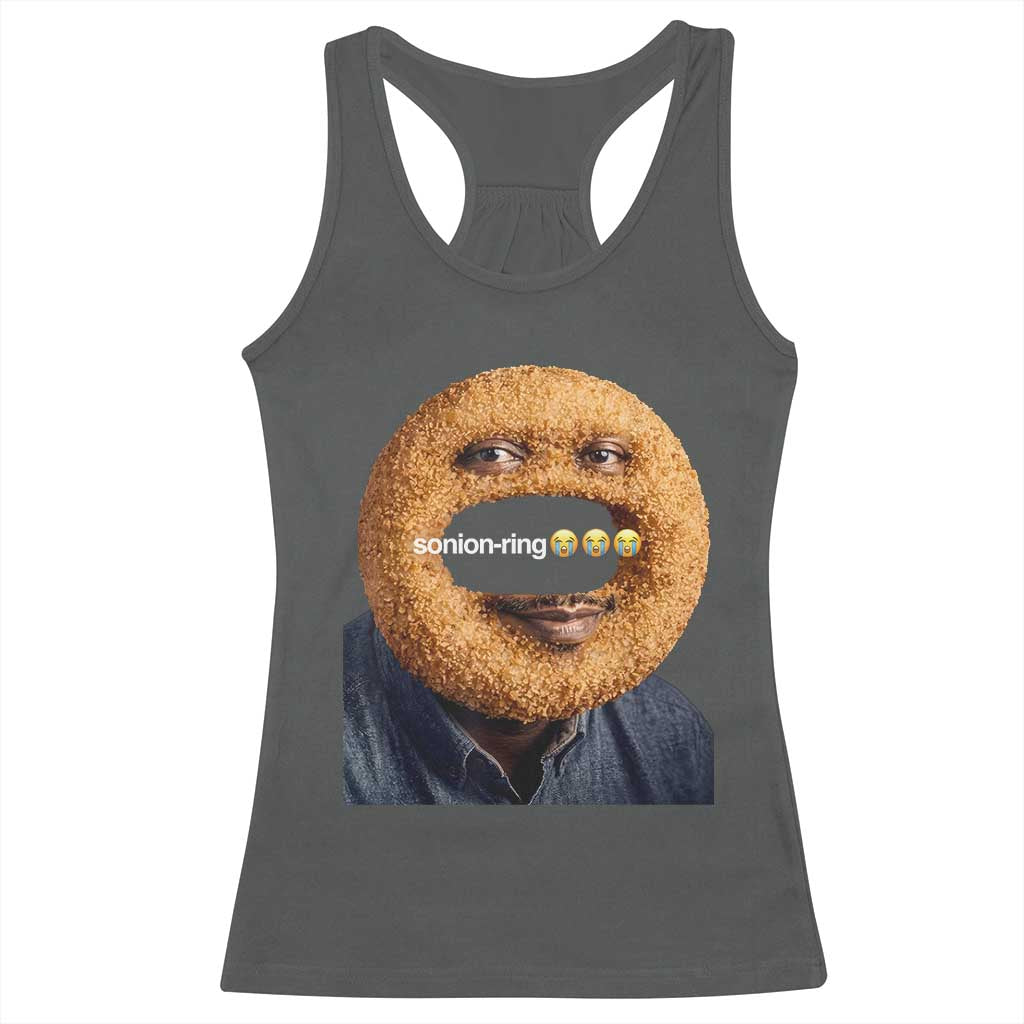 Funny Sonion Ring Cursed Meme Graphic Racerback Tank Top Surreal Deep Fried Onion Ring Joke TS02 Dark Heather Print Your Wear