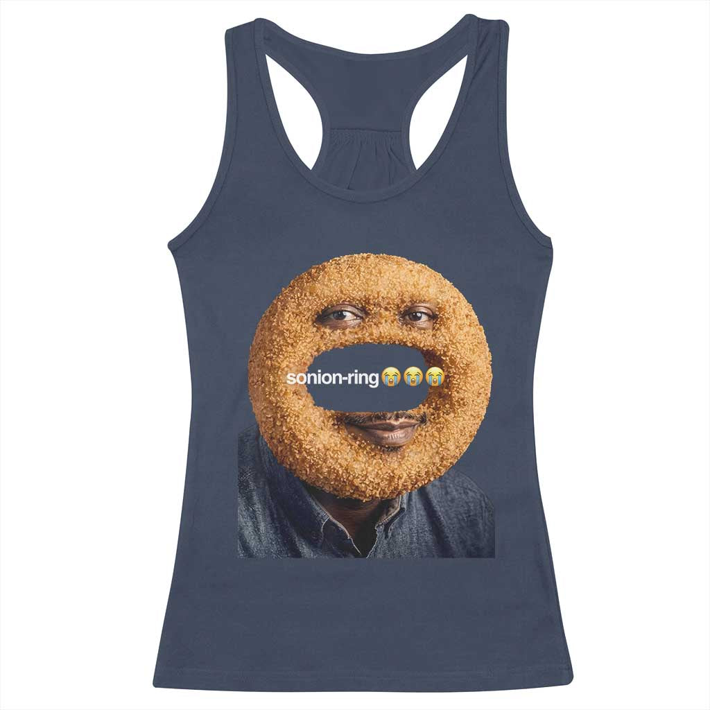 Funny Sonion Ring Cursed Meme Graphic Racerback Tank Top Surreal Deep Fried Onion Ring Joke TS02 Navy Print Your Wear