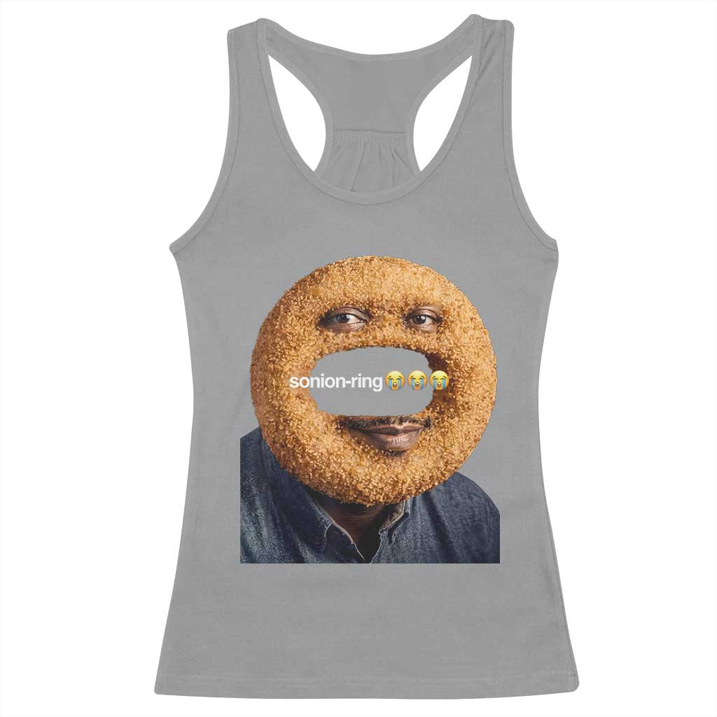 Funny Sonion Ring Cursed Meme Graphic Racerback Tank Top Surreal Deep Fried Onion Ring Joke TS02 Sport Gray Print Your Wear