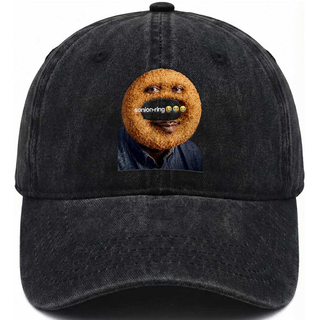 Funny Sonion Ring Cursed Meme Graphic Washed Cotton Baseball Cap Surreal Deep Fried Onion Ring Joke TS02 Print Your Wear