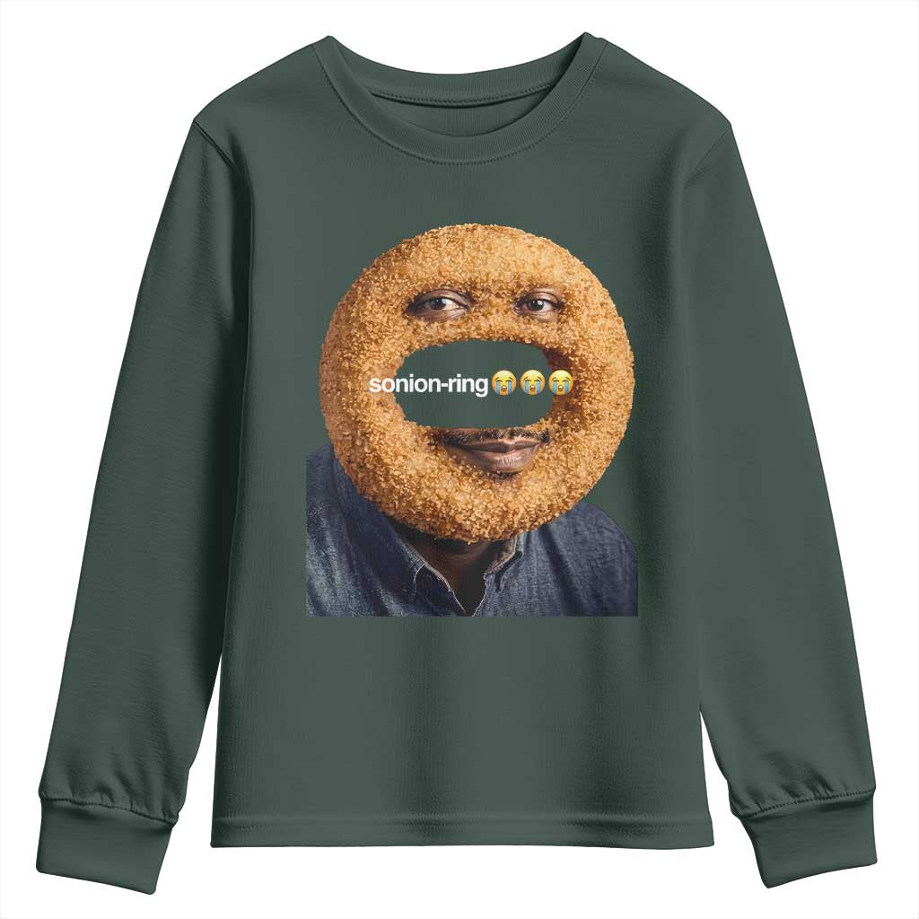 Funny Sonion Ring Cursed Meme Graphic Youth Sweatshirt Surreal Deep Fried Onion Ring Joke TS02 Dark Forest Green Print Your Wear