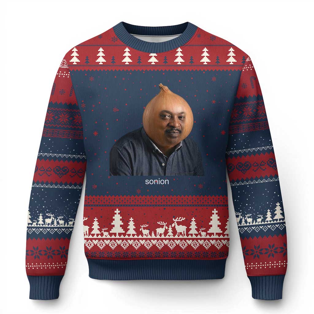 Viral Sonion Surreal Meme Ugly Christmas Sweater Funny Crying Onion Man Aesthetic Joke TS02 Navy Red Print Your Wear