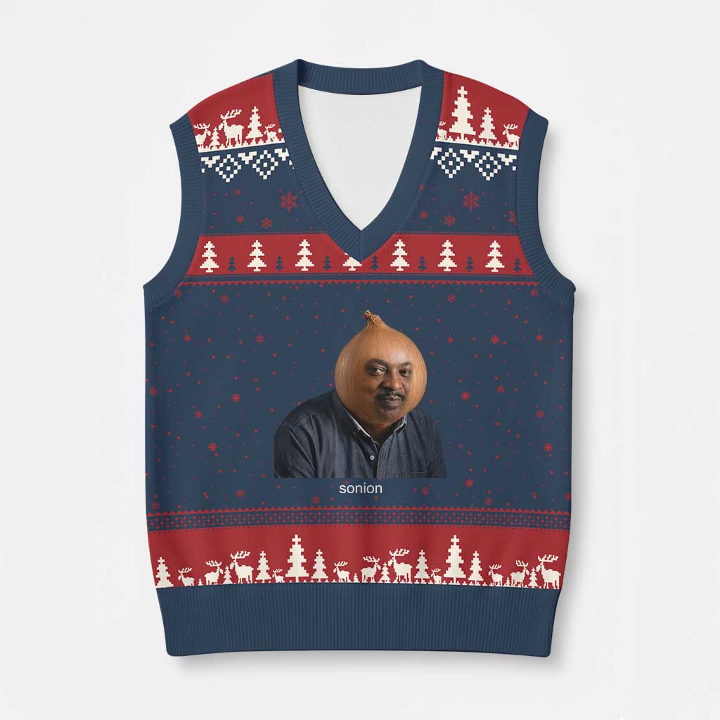 Viral Sonion Surreal Meme V-Neck Knit Sweater Vest Funny Crying Onion Man Aesthetic Joke TS02 Navy Red Print Your Wear