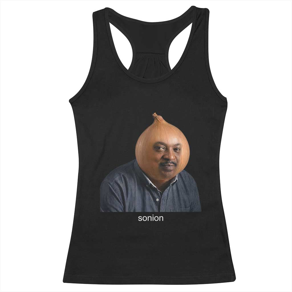 Viral Sonion Surreal Meme Racerback Tank Top Funny Crying Onion Man Aesthetic Joke TS02 Black Print Your Wear