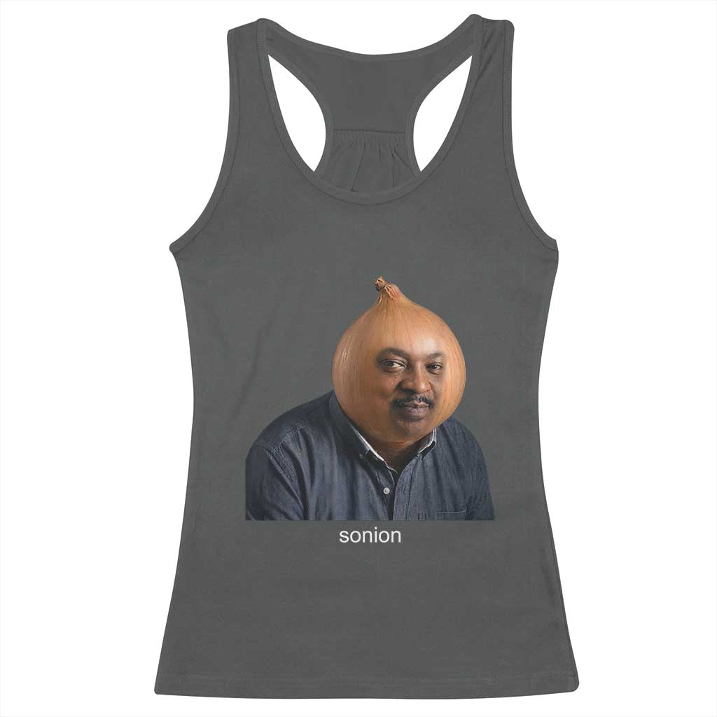 Viral Sonion Surreal Meme Racerback Tank Top Funny Crying Onion Man Aesthetic Joke TS02 Dark Heather Print Your Wear