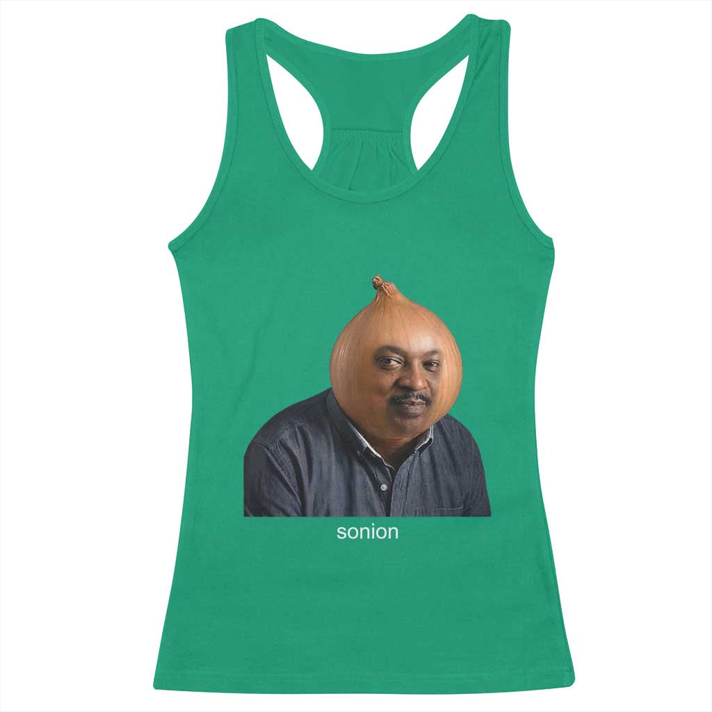 Viral Sonion Surreal Meme Racerback Tank Top Funny Crying Onion Man Aesthetic Joke TS02 Irish Green Print Your Wear