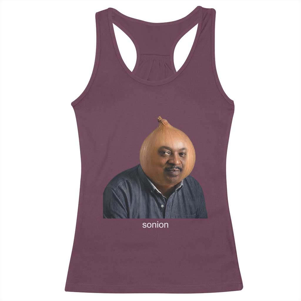 Viral Sonion Surreal Meme Racerback Tank Top Funny Crying Onion Man Aesthetic Joke TS02 Maroon Print Your Wear