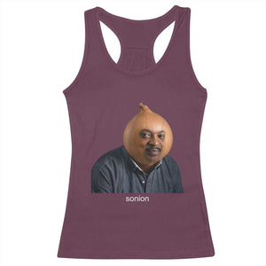 Viral Sonion Surreal Meme Racerback Tank Top Funny Crying Onion Man Aesthetic Joke TS02 Maroon Print Your Wear