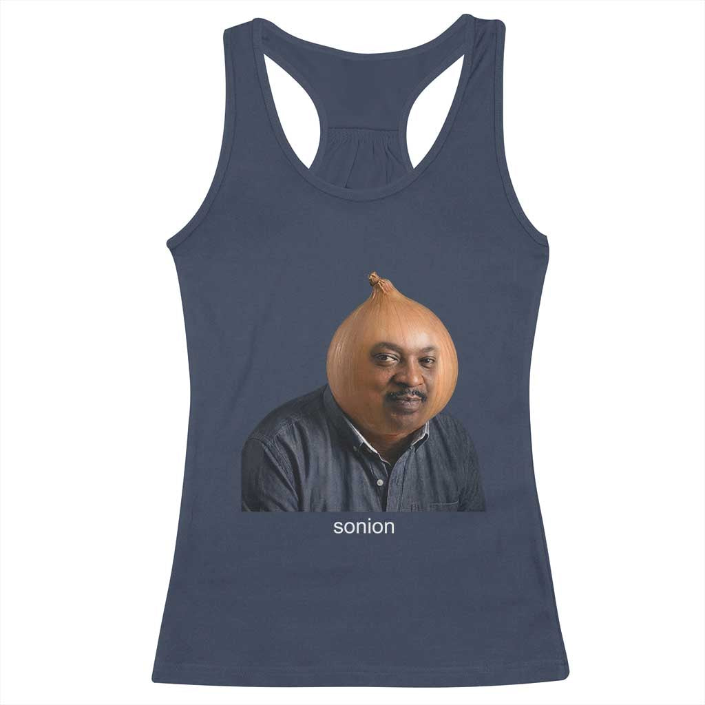 Viral Sonion Surreal Meme Racerback Tank Top Funny Crying Onion Man Aesthetic Joke TS02 Navy Print Your Wear