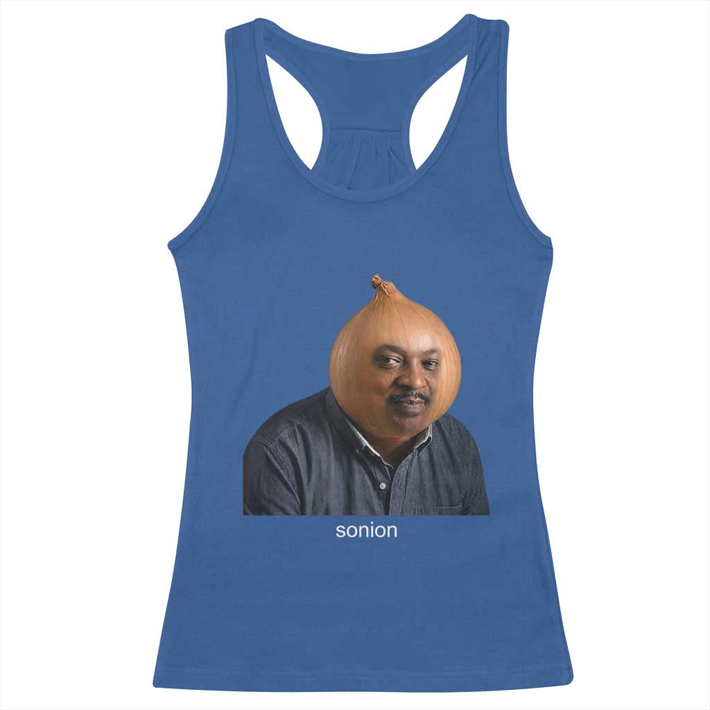 Viral Sonion Surreal Meme Racerback Tank Top Funny Crying Onion Man Aesthetic Joke TS02 Royal Blue Print Your Wear