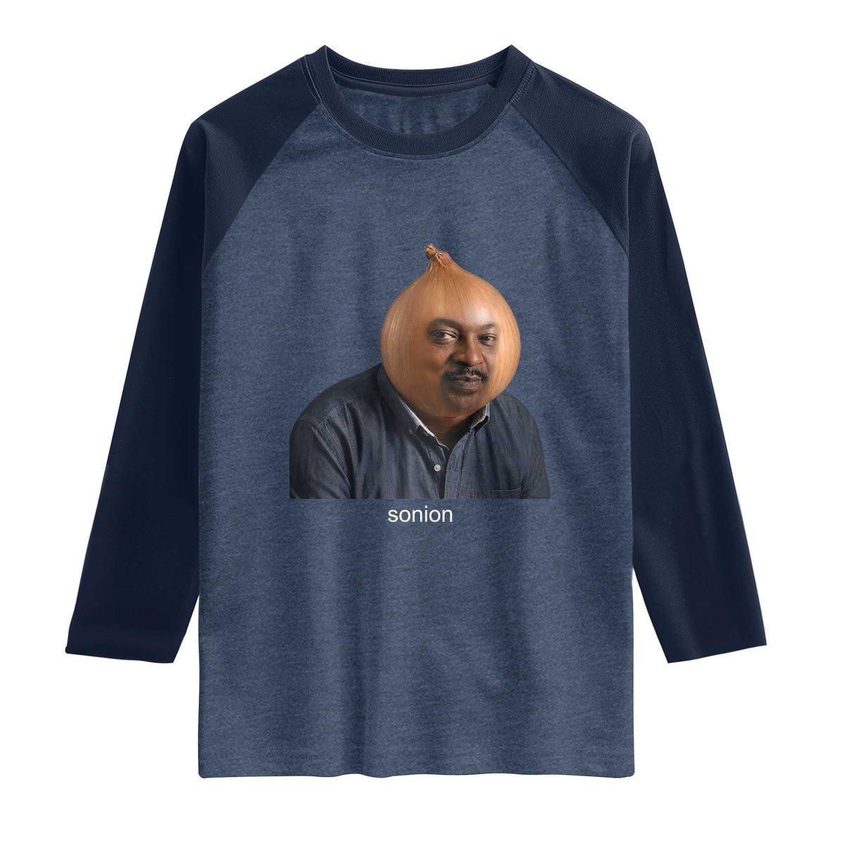 Viral Sonion Surreal Meme Raglan Shirt Funny Crying Onion Man Aesthetic Joke TS02 Heather Denim Navy Print Your Wear