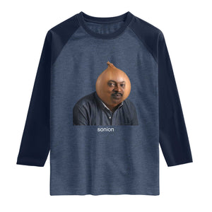 Viral Sonion Surreal Meme Raglan Shirt Funny Crying Onion Man Aesthetic Joke TS02 Heather Denim Navy Print Your Wear