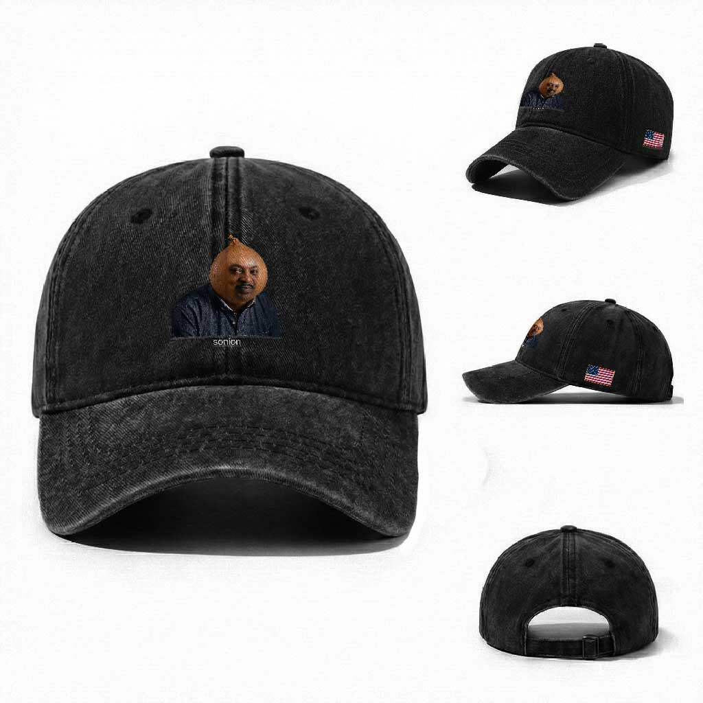 Viral Sonion Surreal Meme Washed Cotton Baseball Cap Funny Crying Onion Man Aesthetic Joke TS02 Washed Cap Universal Fit Black Print Your Wear