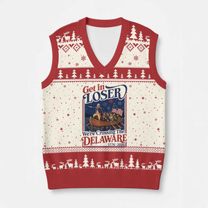 Get In Loser We're Crossing The Delaware 1776 to 2026 Retro V-Neck Knit Sweater Vest Funny George Washington Patriotic Fireworks Semiquincentennial