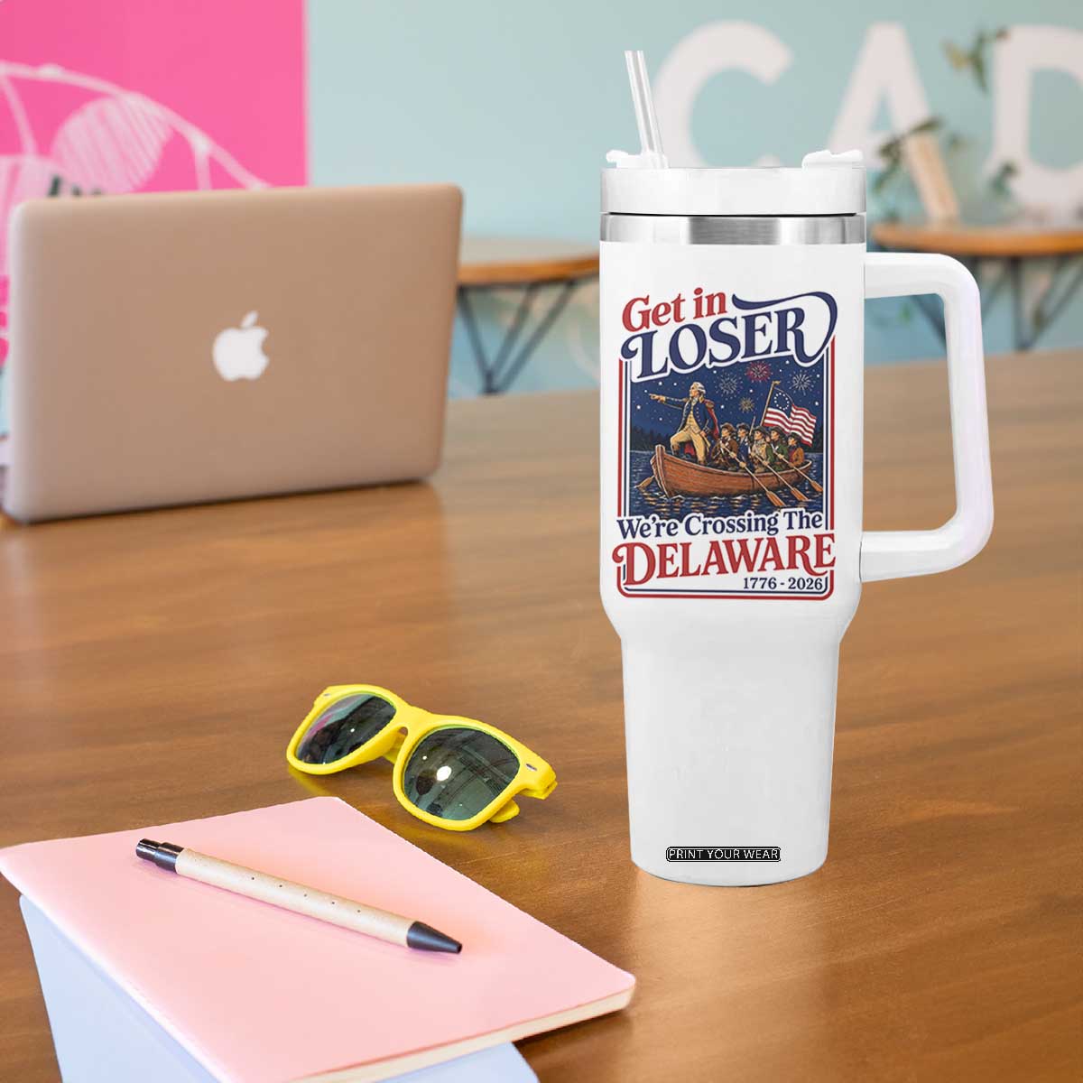 Get In Loser We're Crossing The Delaware 1776 to 2026 Retro Tumbler With Handle Funny George Washington Patriotic Fireworks Semiquincentennial