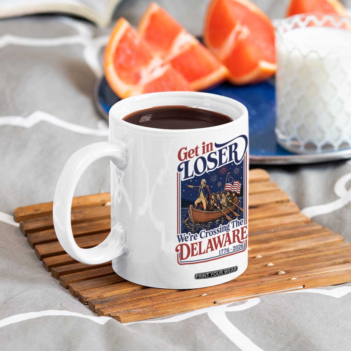 Get In Loser We're Crossing The Delaware 1776 to 2026 Retro Coffee Mug Funny George Washington Patriotic Fireworks Semiquincentennial