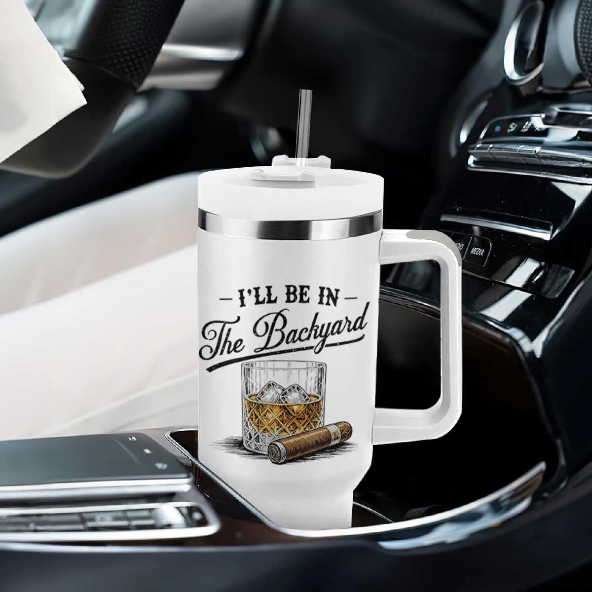 Whiskey Glass and Cigar I Will Be In The Backyard Tumbler With Handle Vintage Bourbon Lover Relaxing Fathers Day Gift for Men