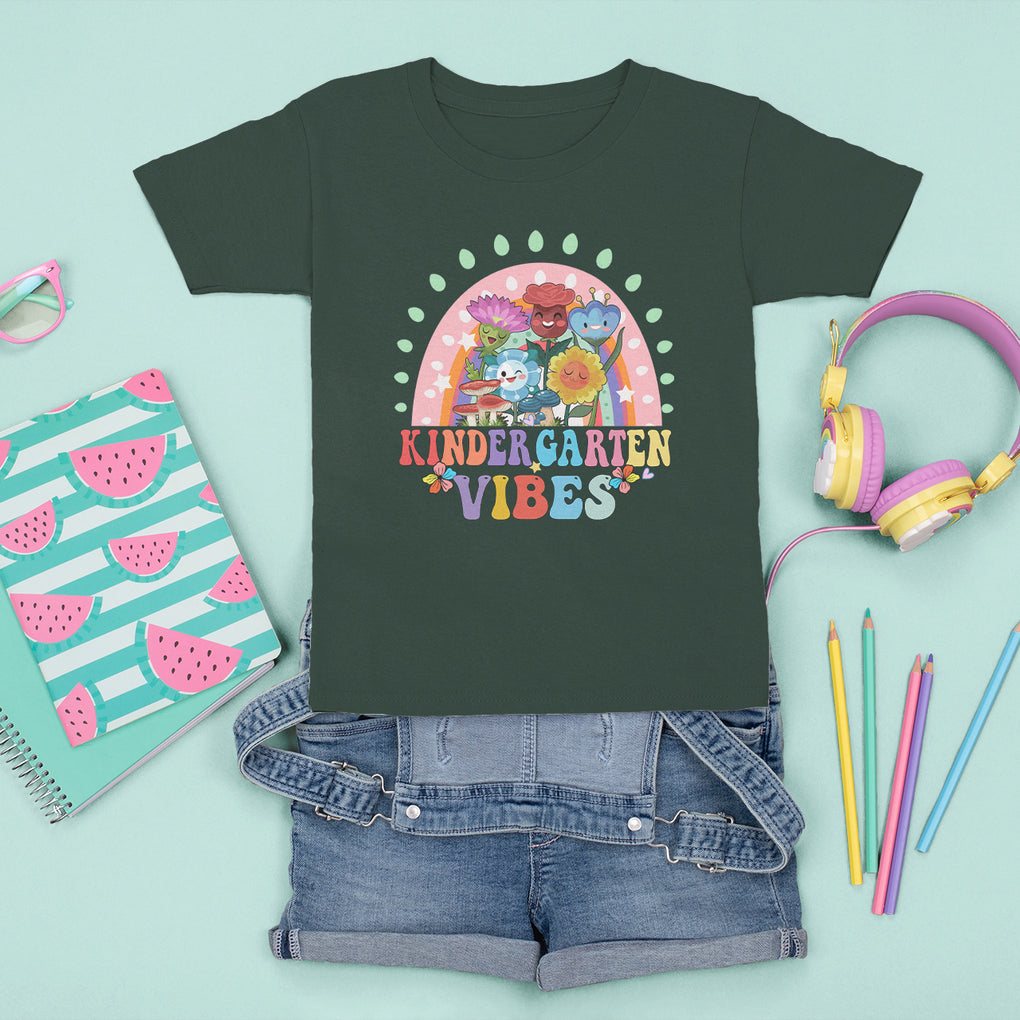 Kindergarten Vibes T Shirt For Kid Cute 1st Day Of School Retro Floral Rainbow TS02 Dark Forest Green Printyourwear
