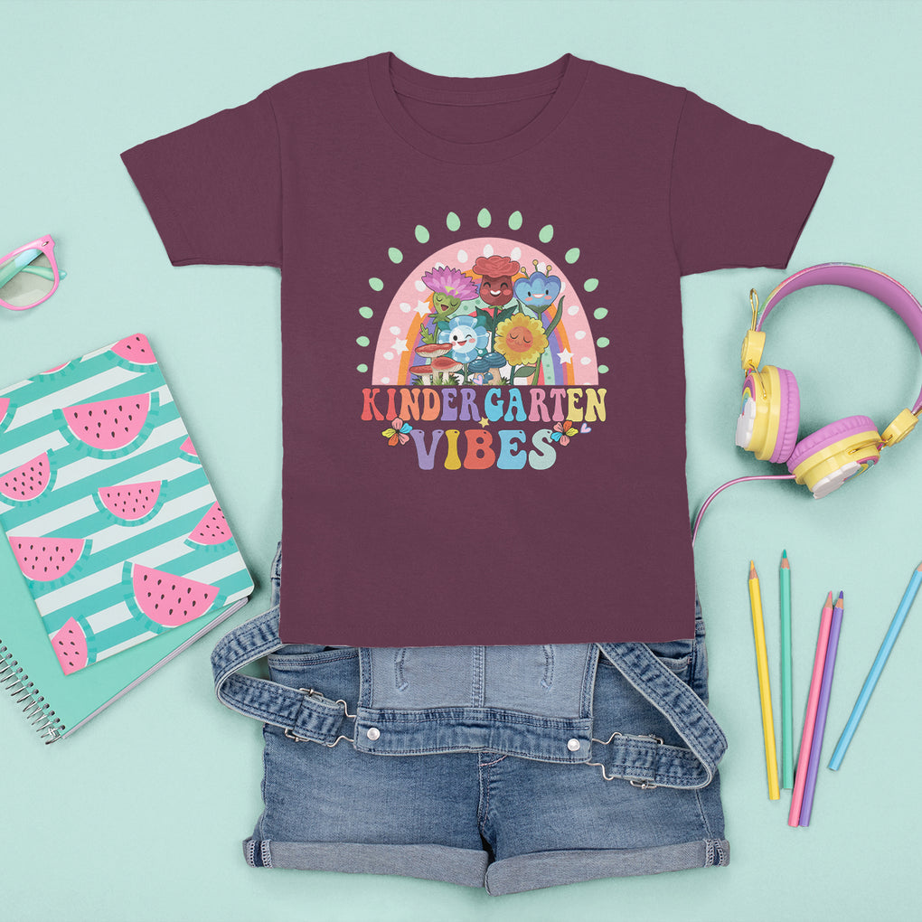 Kindergarten Vibes T Shirt For Kid Cute 1st Day Of School Retro Floral Rainbow TS02 Maroon Printyourwear