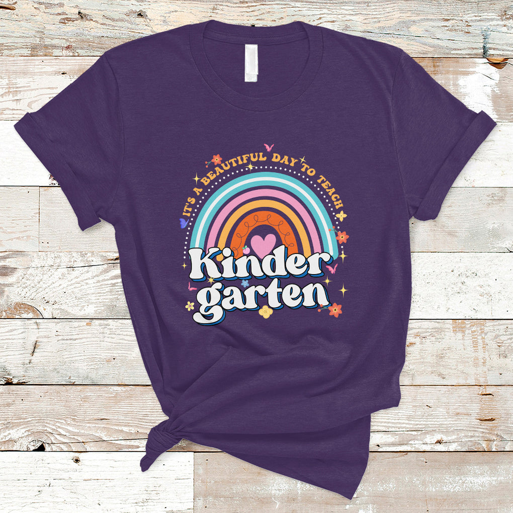 Kindergarten Teacher T Shirt It's A Beautiful Day To Teach Kinder Retro Rainbow TS02 Purple Printyourwear
