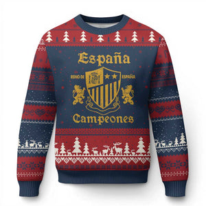 Reino De Espana Campeones Crest Graphic Ugly Christmas Sweater Vintage Spain Champions 2 Stars Spanish Pride Sports Fan