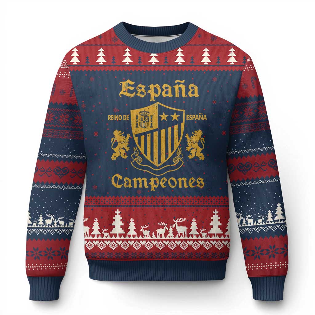 Reino De Espana Campeones Crest Graphic Ugly Christmas Sweater Vintage Spain Champions 2 Stars Spanish Pride Sports Fan TS02 Navy Red Print Your Wear