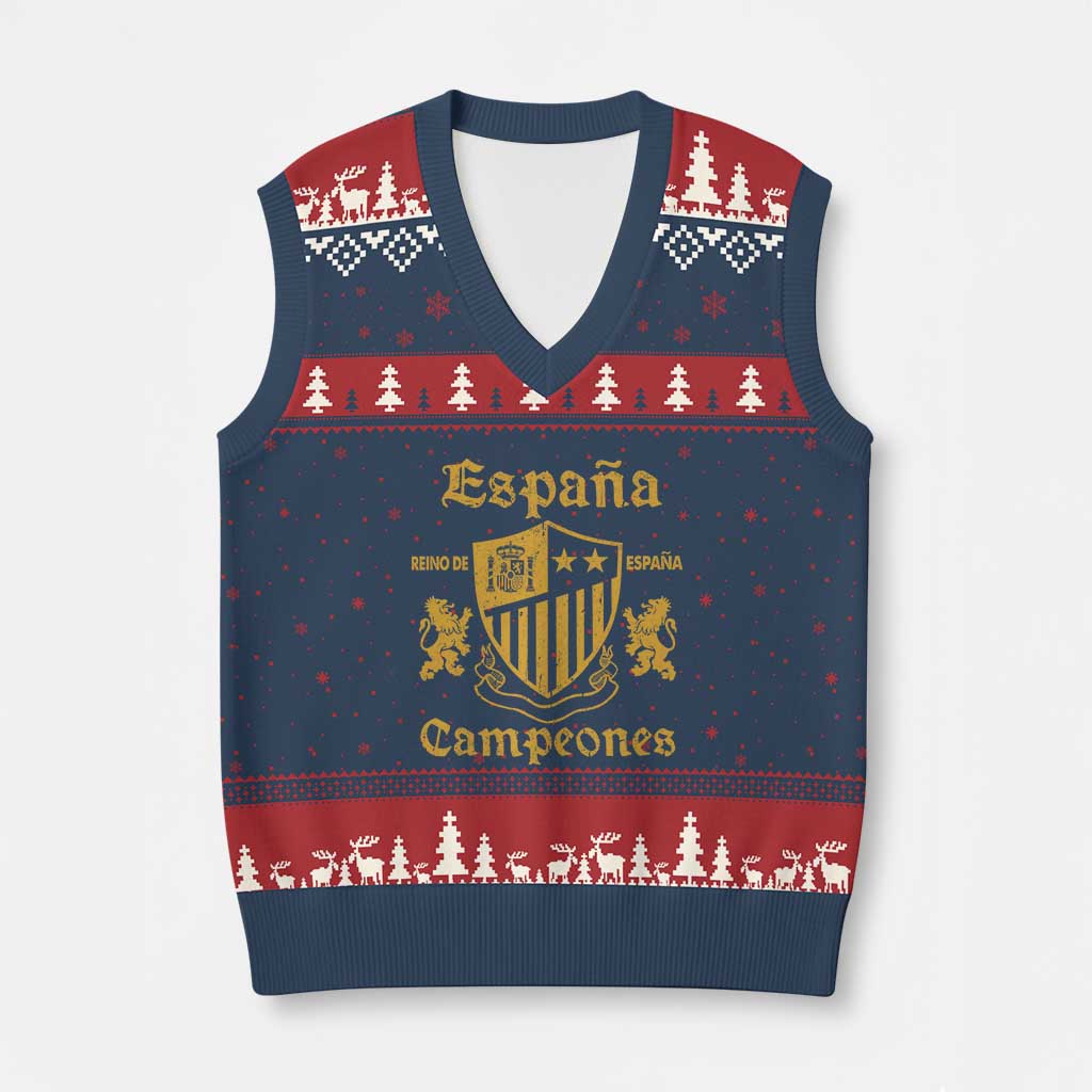 Reino De Espana Campeones Crest Graphic V-Neck Knit Sweater Vest Vintage Spain Champions 2 Stars Spanish Pride Sports Fan TS02 Navy Red Print Your Wear