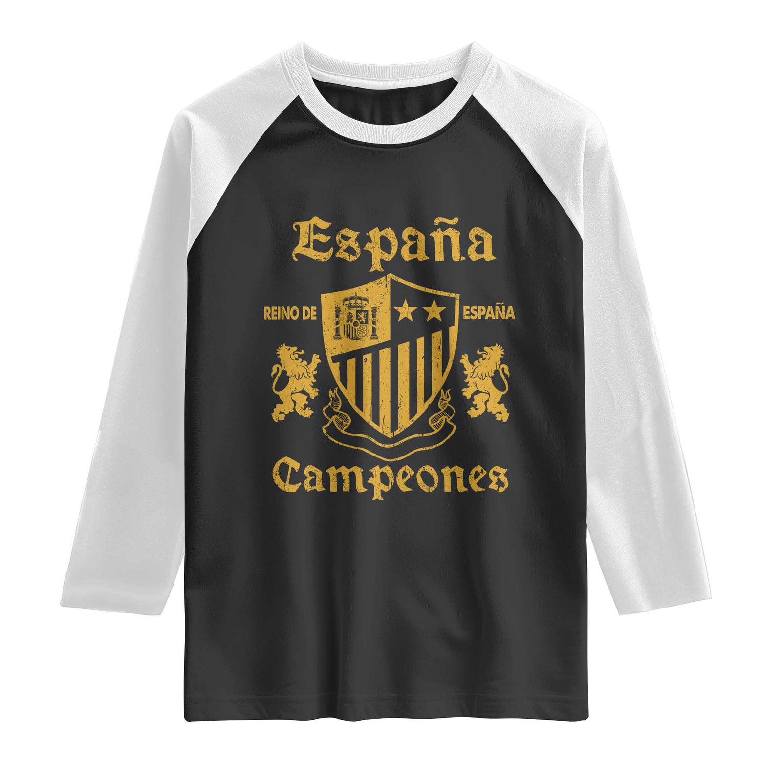 Reino De Espana Campeones Crest Graphic Raglan Shirt Vintage Spain Champions 2 Stars Spanish Pride Sports Fan TS02 Black White Print Your Wear