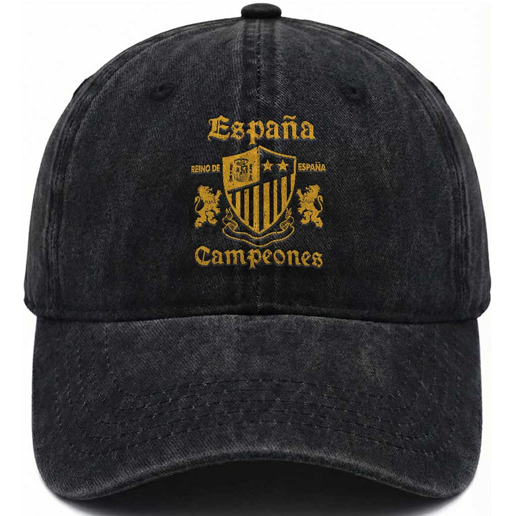 Reino De Espana Campeones Crest Graphic Washed Cotton Baseball Cap Vintage Spain Champions 2 Stars Spanish Pride Sports Fan TS02 Print Your Wear