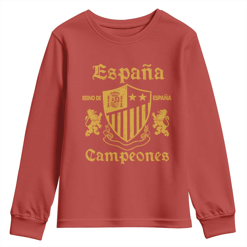 Reino De Espana Campeones Crest Graphic Youth Sweatshirt Vintage Spain Champions 2 Stars Spanish Pride Sports Fan TS02 Red Print Your Wear