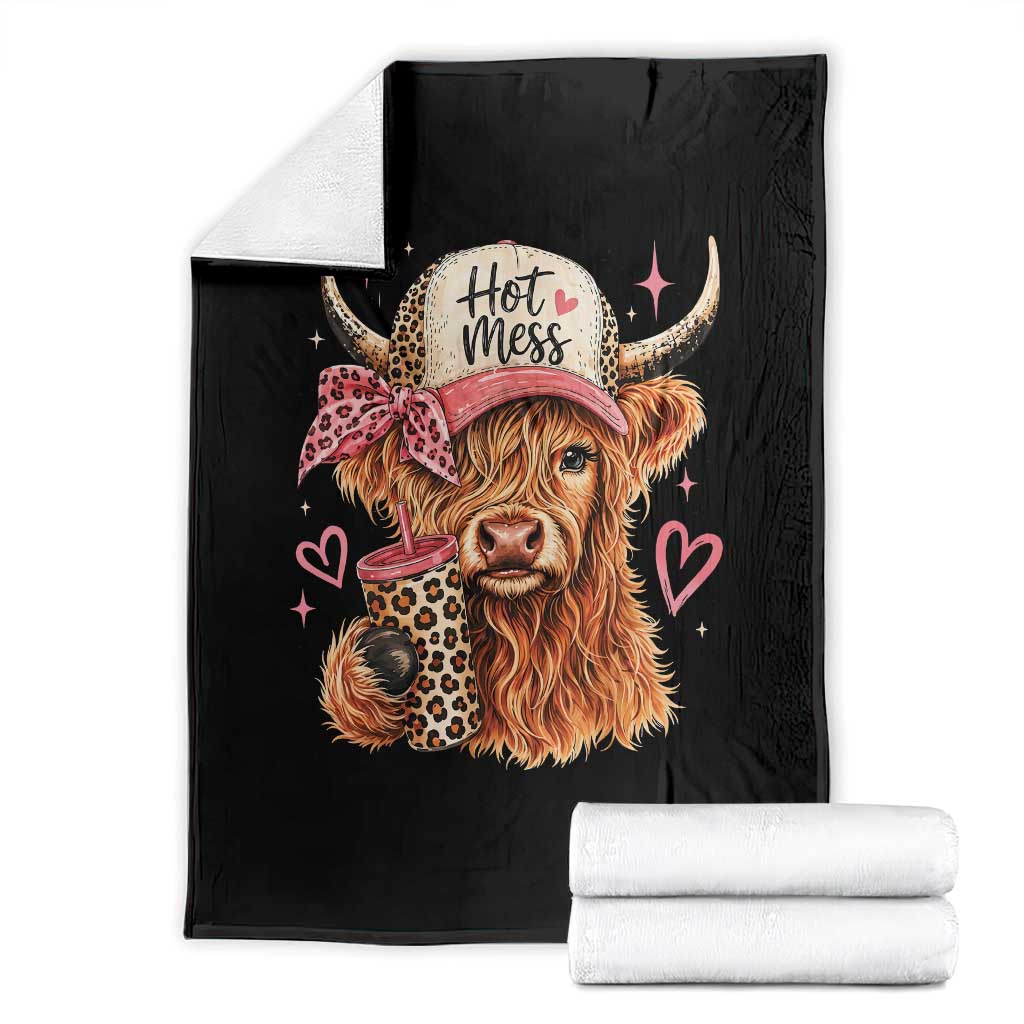 Hot Mess Highland Cow Pink Leopard Coquette Throw Blanket Cute Western Country Mom Life TS02 Black Print Your Wear