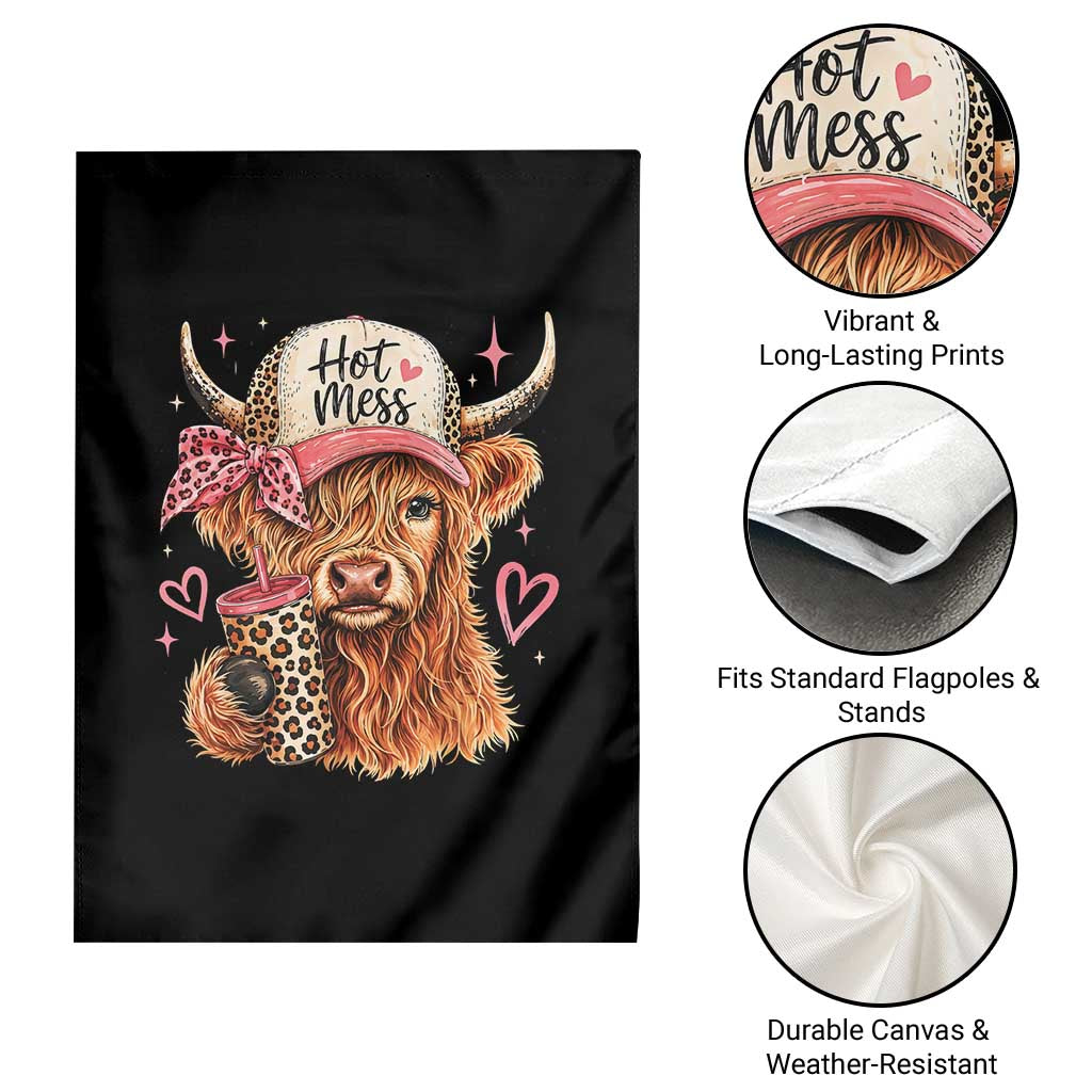 Hot Mess Highland Cow Pink Leopard Coquette Garden Flag Cute Western Country Mom Life