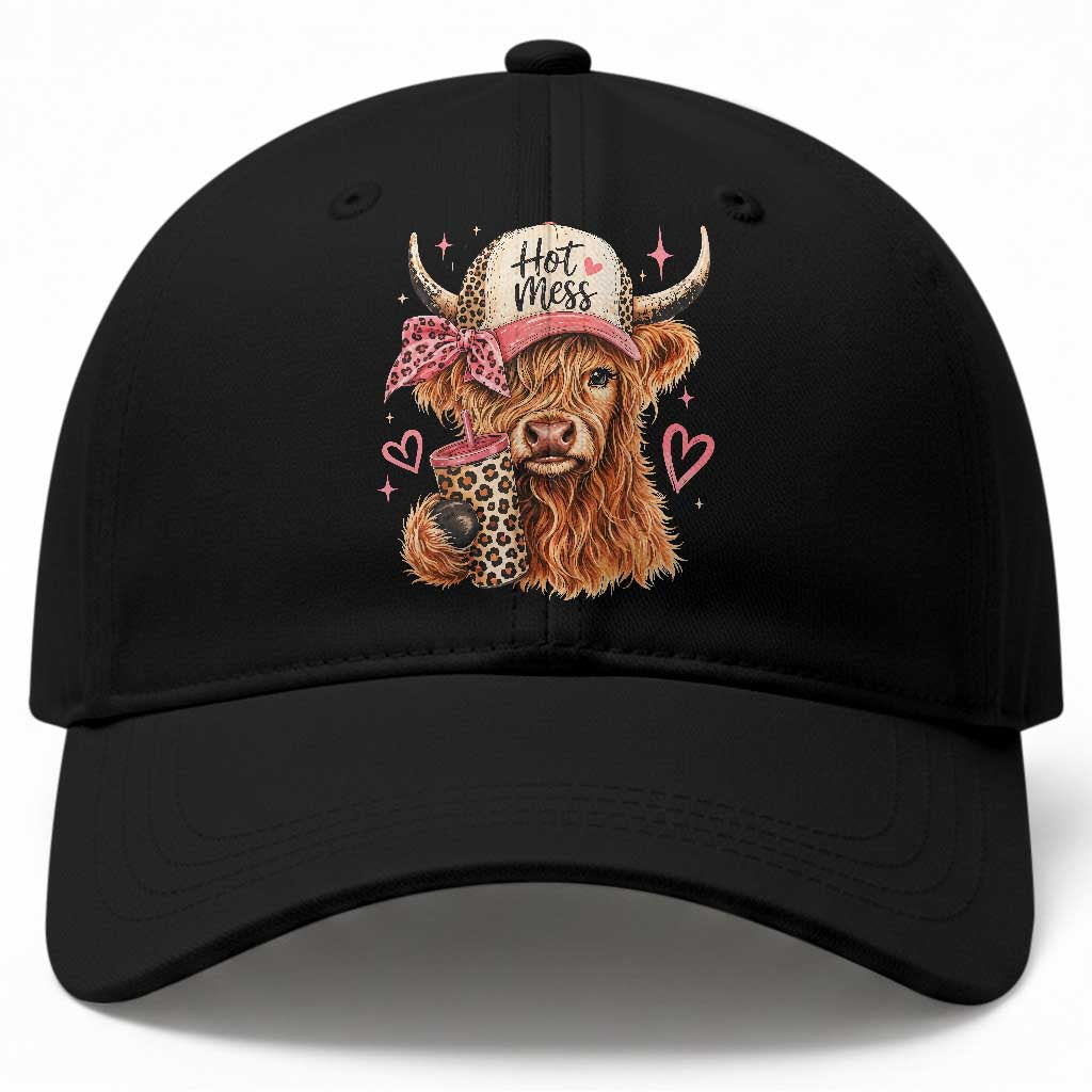 Hot Mess Highland Cow Pink Leopard Coquette Baseball Cap Cute Western Country Mom Life TS02 Print Your Wear