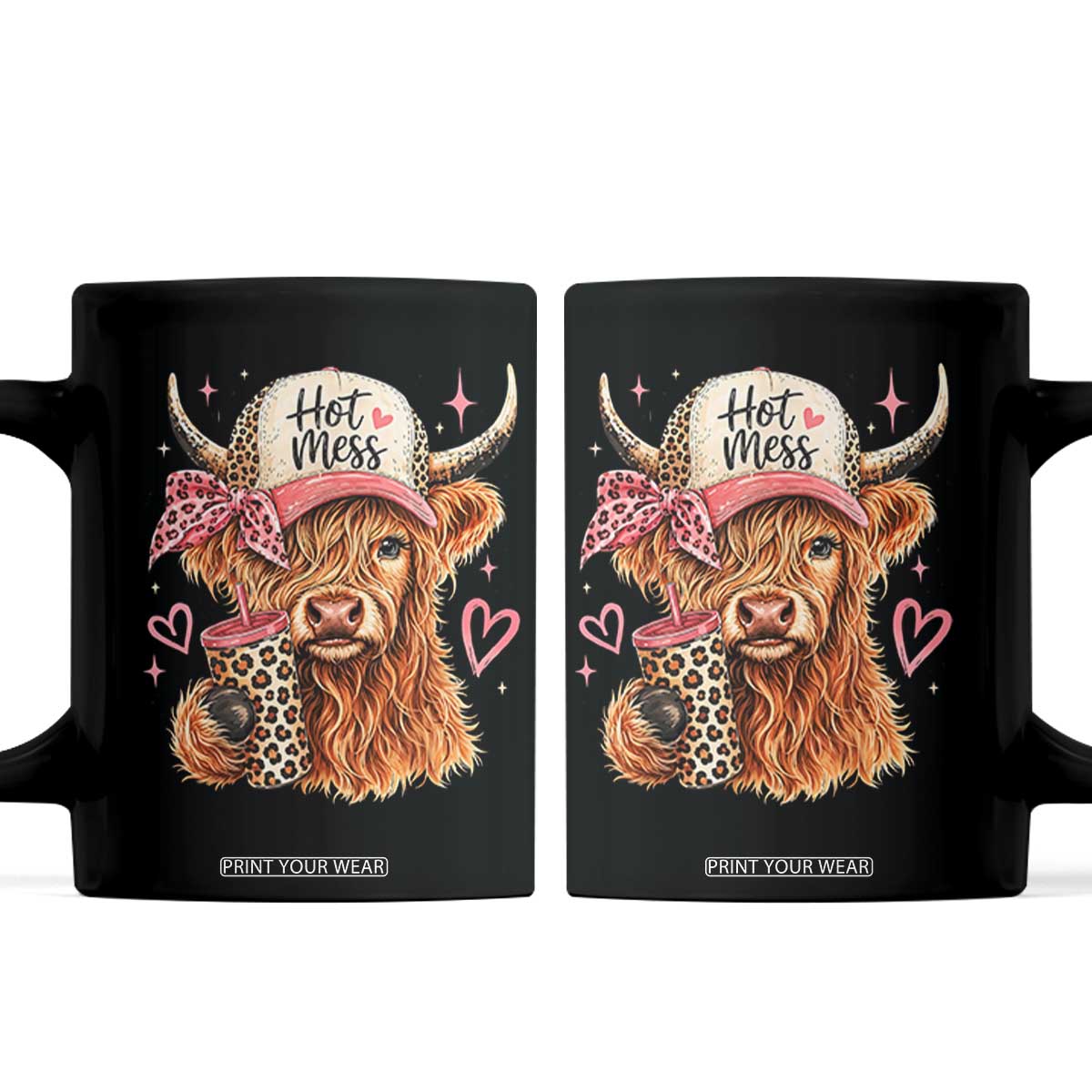 Hot Mess Highland Cow Pink Leopard Coquette Coffee Mug Cute Western Country Mom Life TS02 Black Print Your Wear
